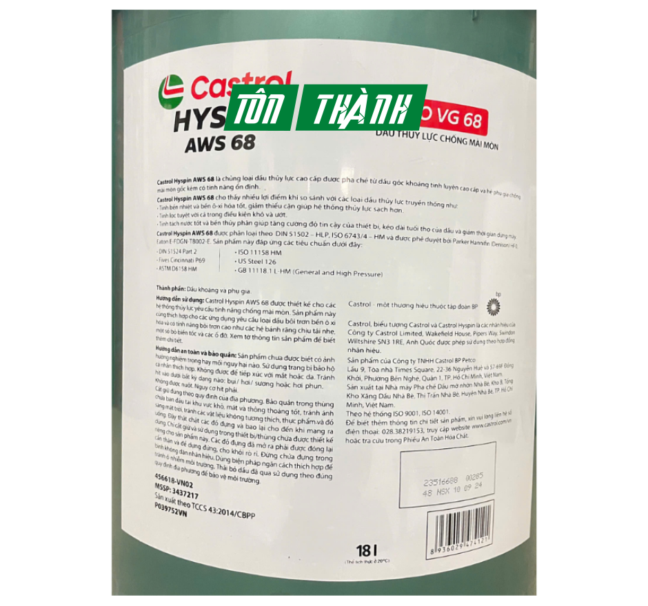 Dầu thủy lực Castrol Hyspin AWS 68 (18 Lít) - Nhớt 10